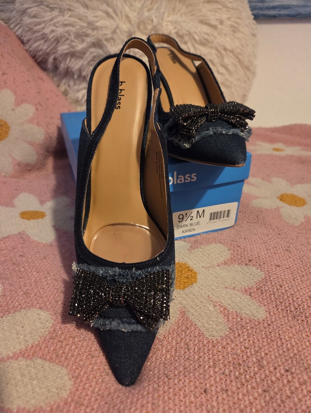 Bill Blass Dark Blue Denim Pointed Slingback Heels with Beaded Bow